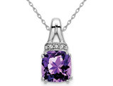 1.25 Carat (ctw) Cushion Cut Amethyst Pendant Necklace in 14K White Gold with Accent Diamonds and Chain